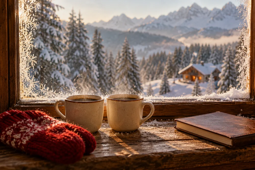 Two cups of coffee beside a snowy mountain window